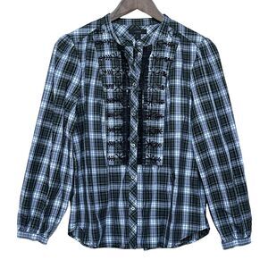 J. Crew Long-Sleeves Top Women's Size S Green Black White Plaid 100%‎ Cotton